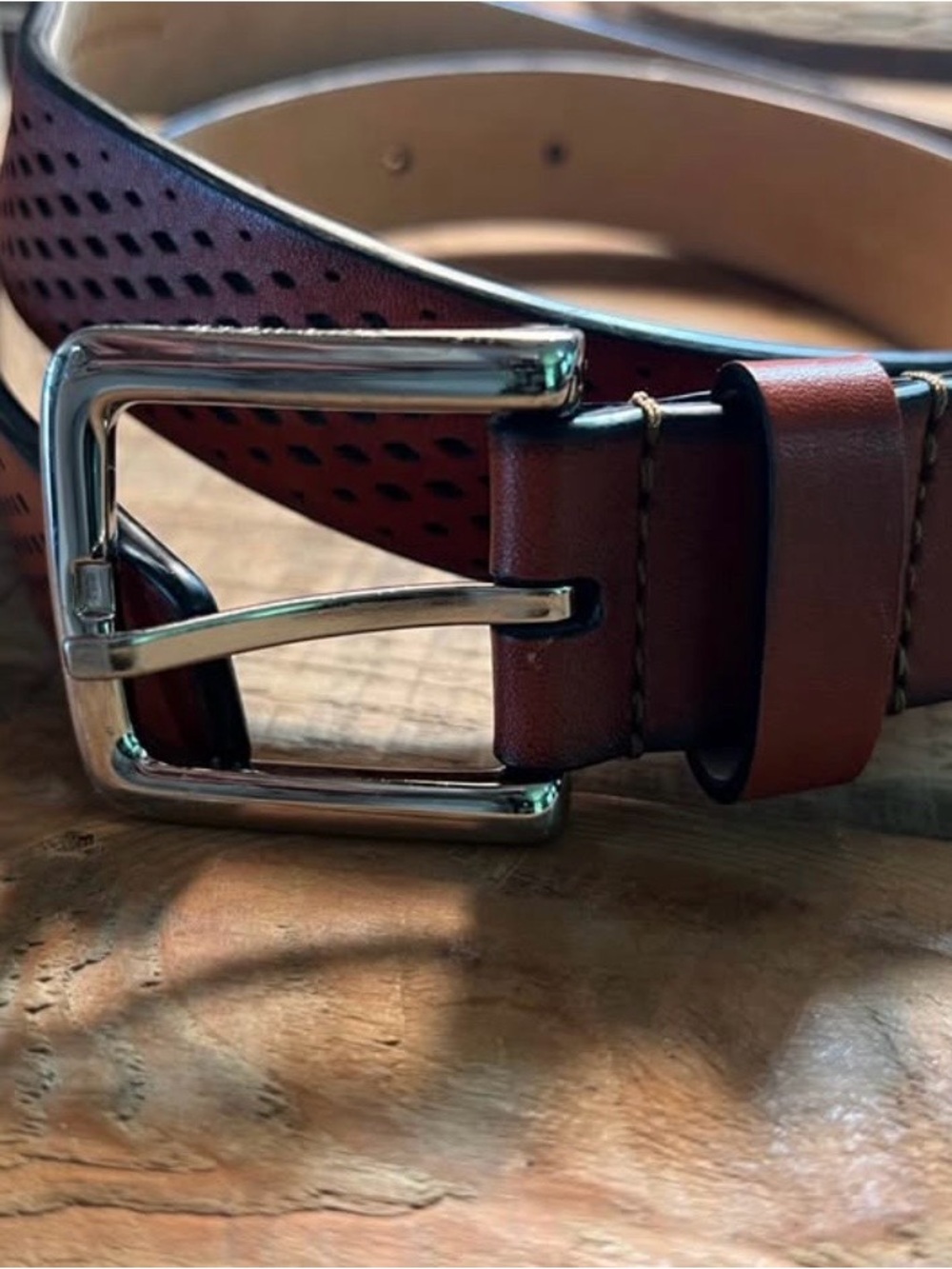 Cole Haan Washington Perforated Mens Sz 32 Brown 35mm Dress Belt Silver Buckle